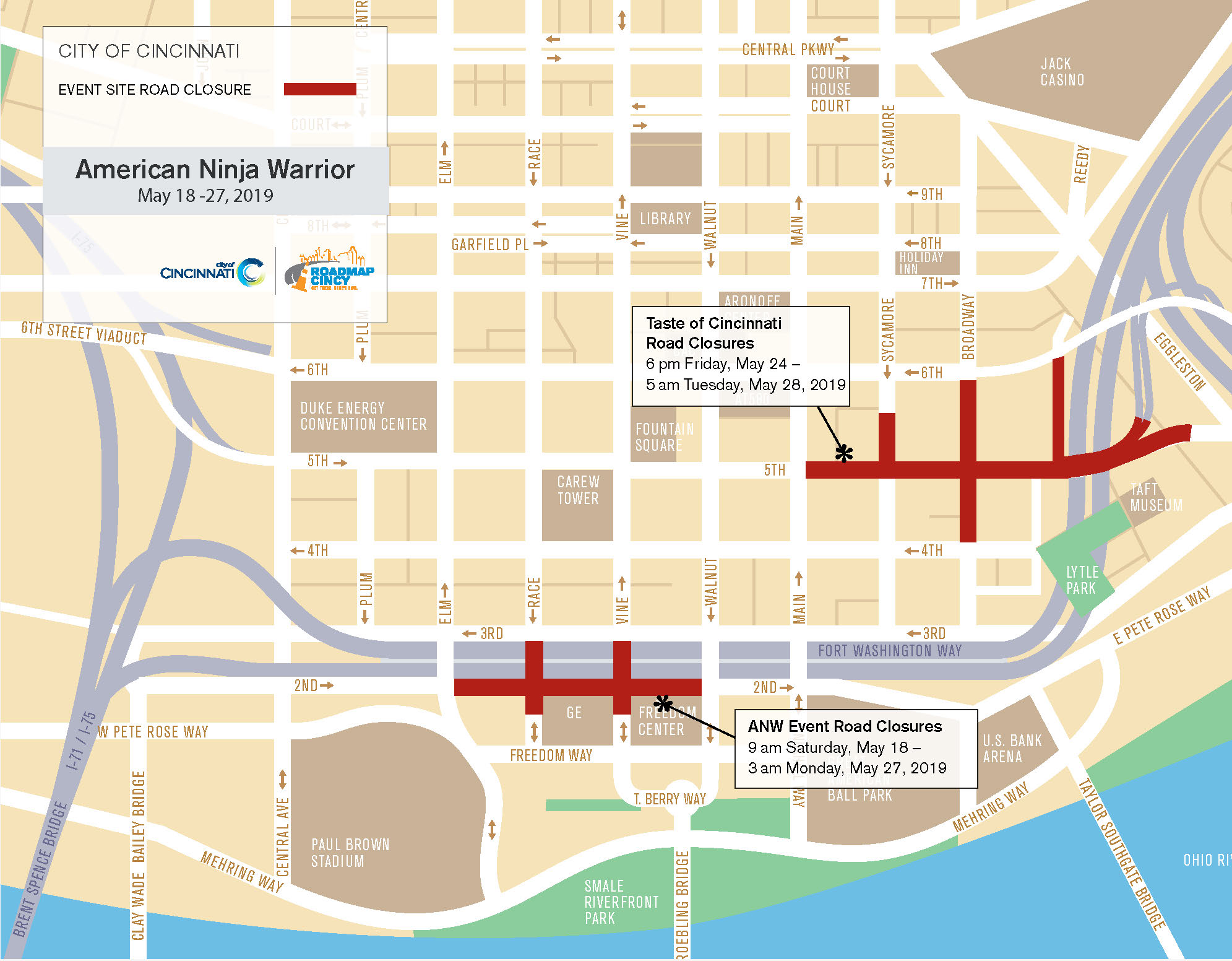 American Ninja Warrior and Taste of Cincinnati map